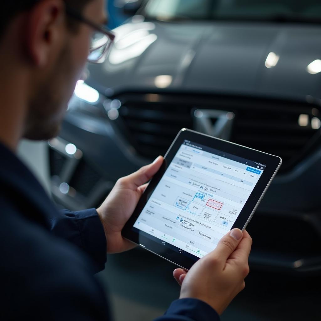 Technician Using Digital Tablet for Diagnostics