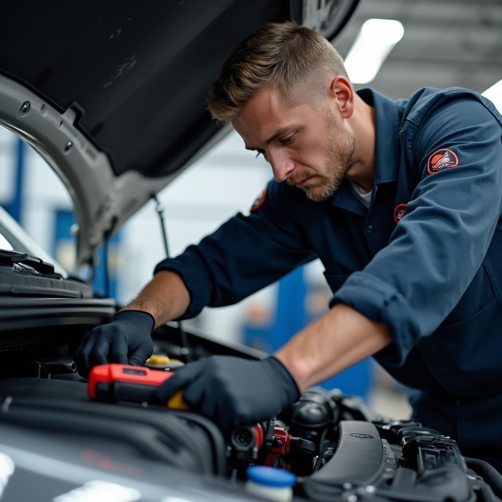 Auto Service Technician Working on Car