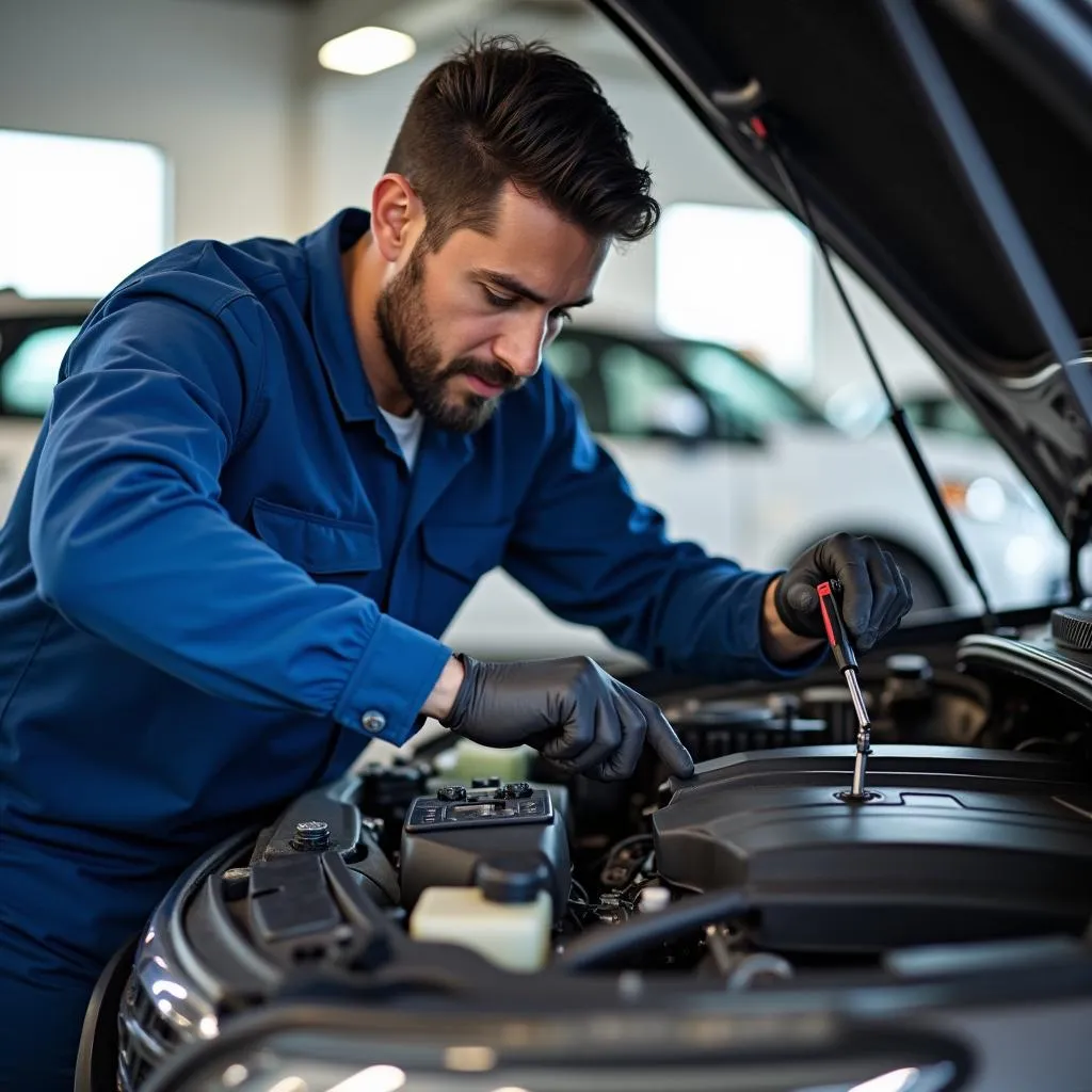 Auto Service Technician Working on a Car Engine