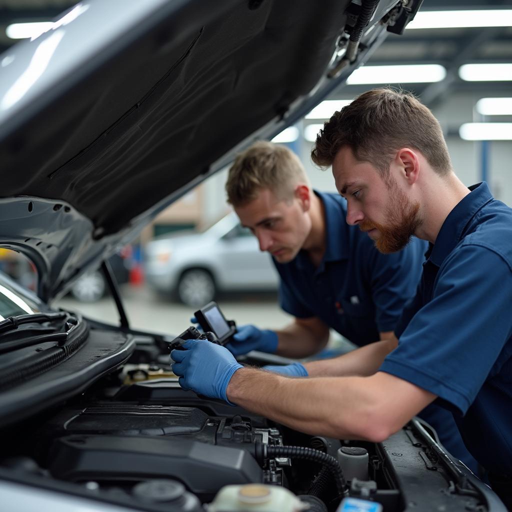 Auto service technicians in Hinckley working on a car engine