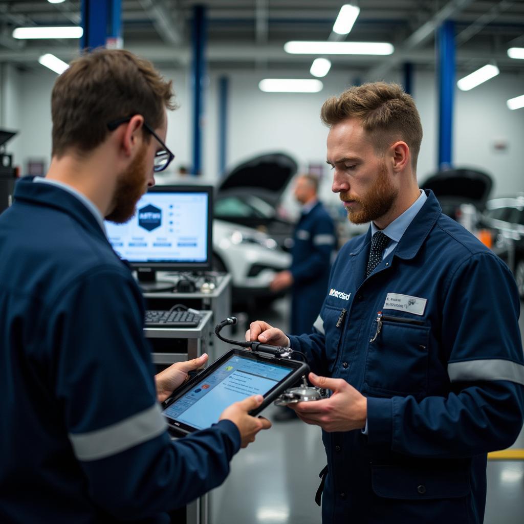 Skilled technicians working on a car in a modern auto service center