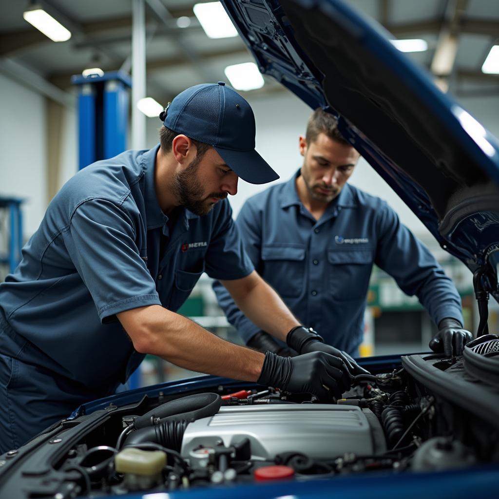 Auto service technicians working on a car engine