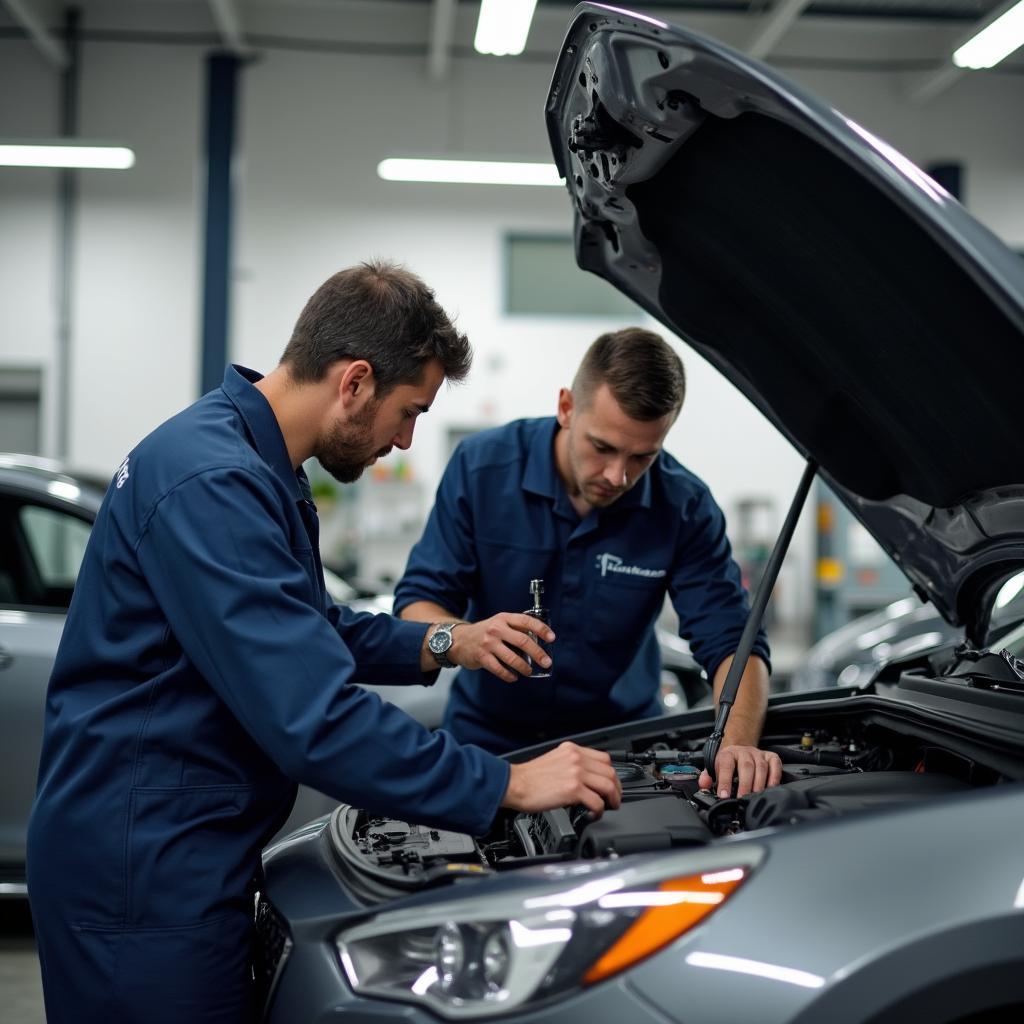 Auto Service Technicians Working on Car