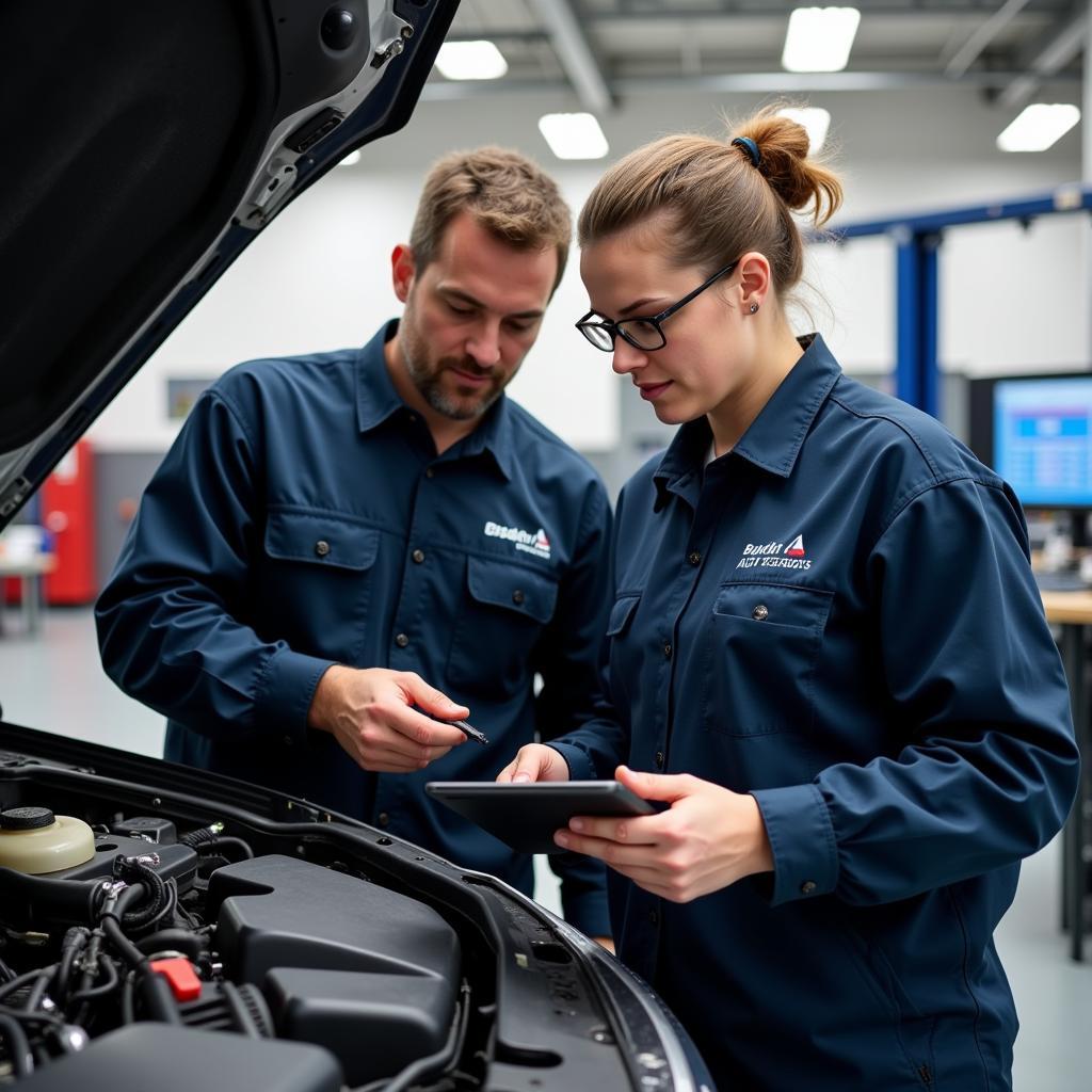 Auto service technicians working on a car