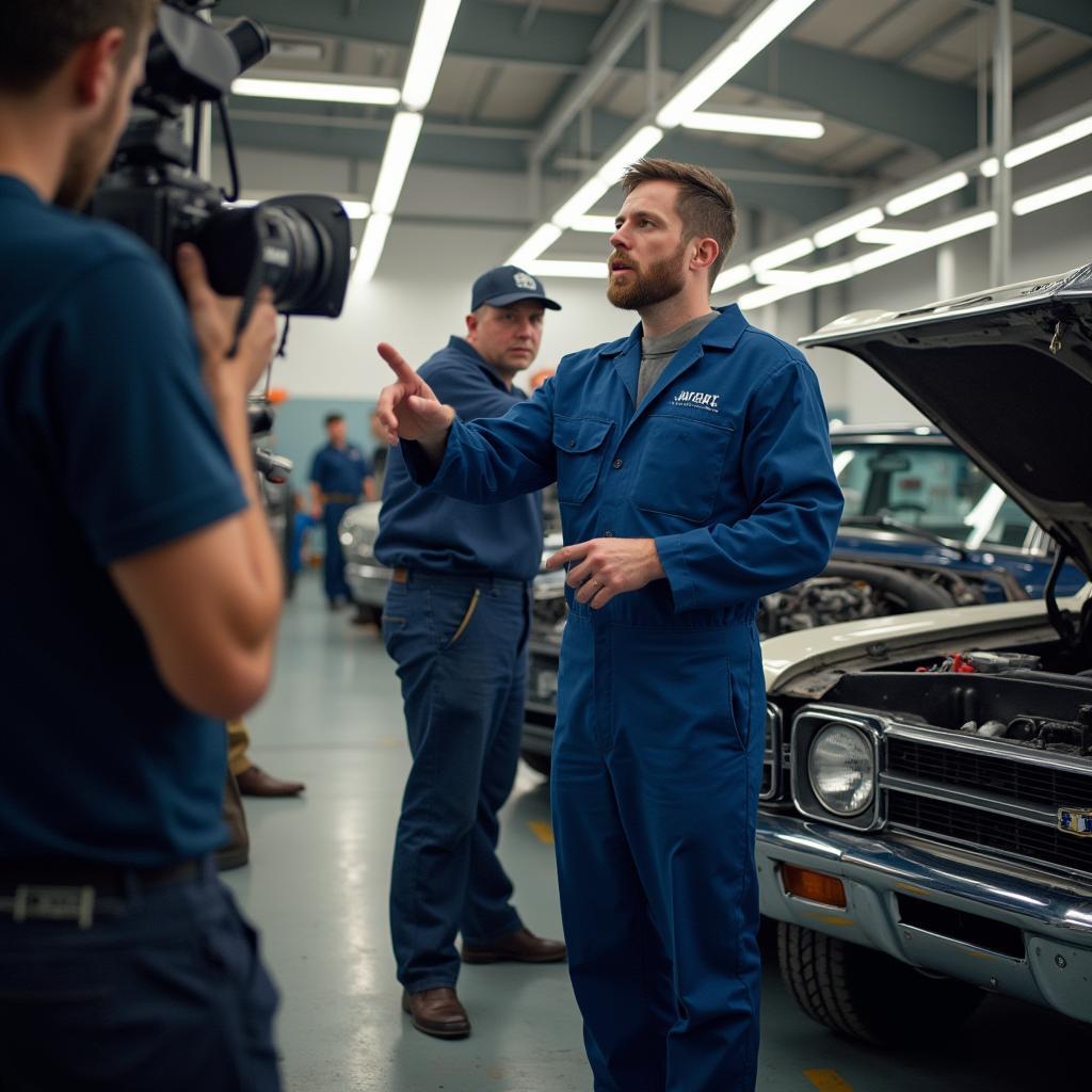 Mechanic explaining car repair on television