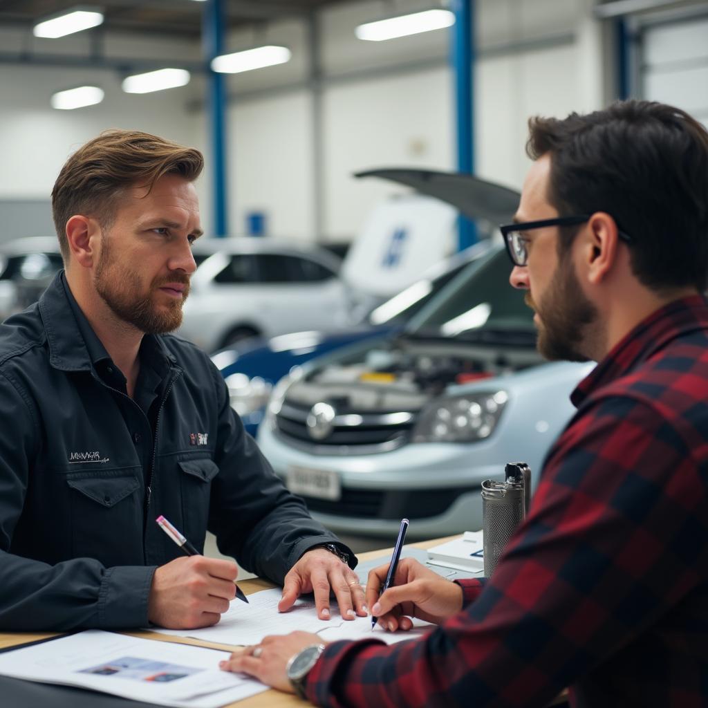 Auto Service Writer Consulting with a Customer