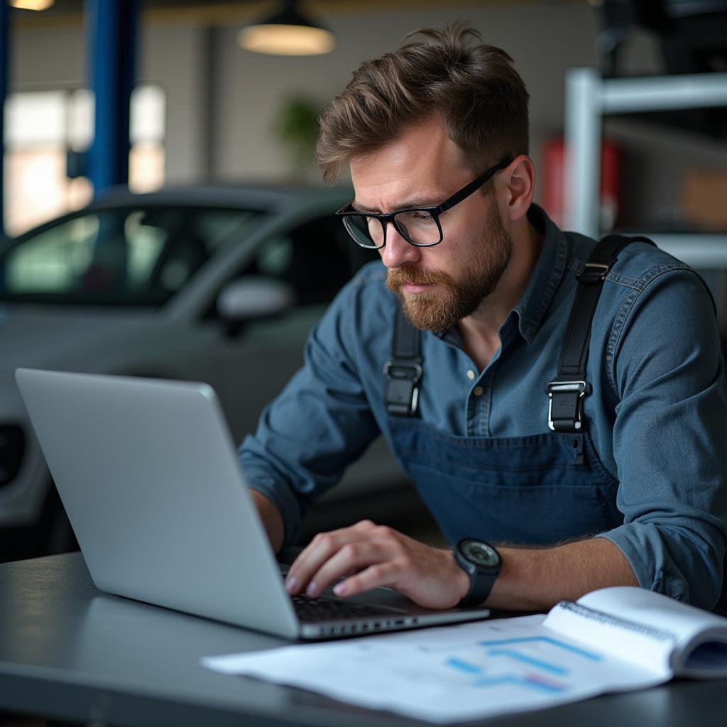 Auto shop owner reviewing business performance on a laptop