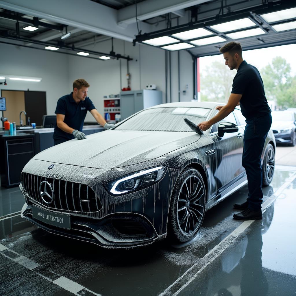 Car undergoing exterior detailing at an auto spa bistro