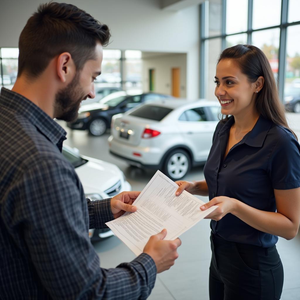 Friendly auto tag service agent assisting a customer with paperwork.