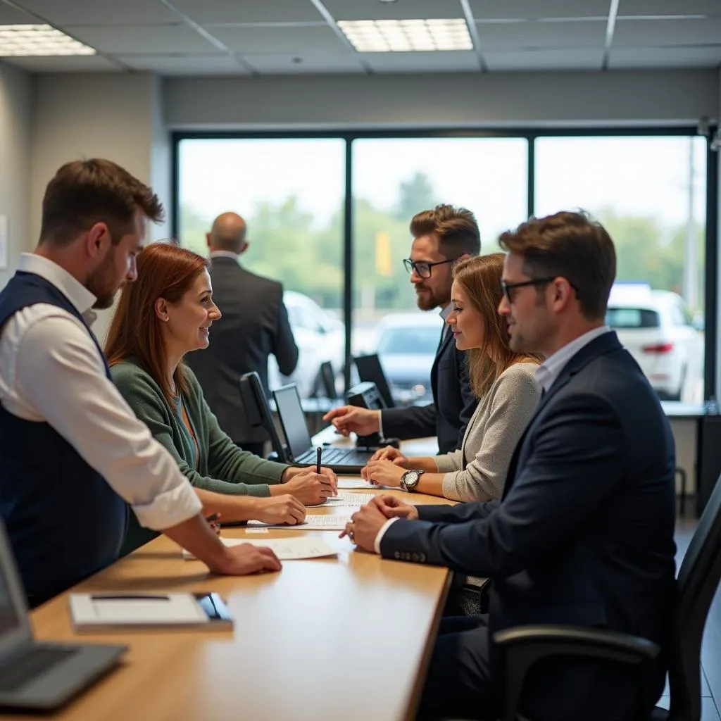 Modern auto tag service office with friendly staff assisting customers