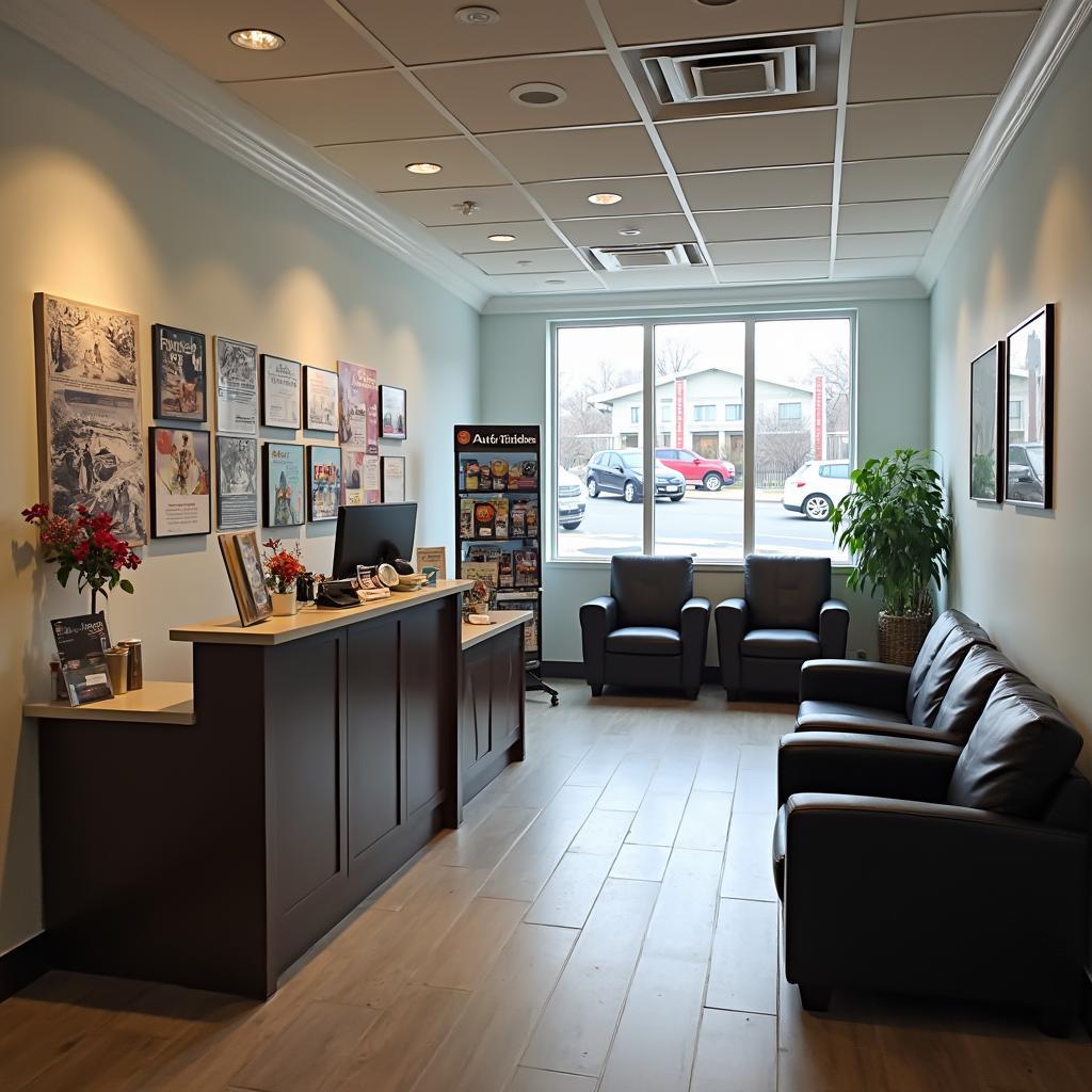 Clean and modern waiting area at an auto tag service.