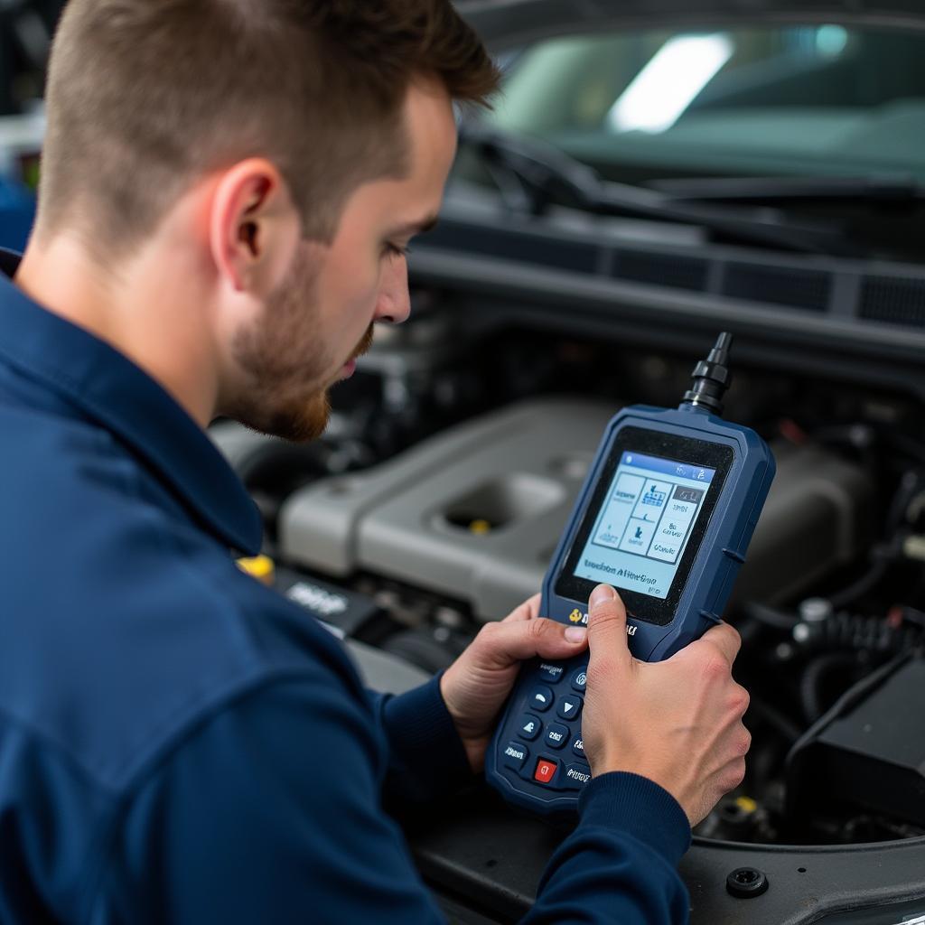 Skilled technician using a high-tech diagnostic tool on a car engine