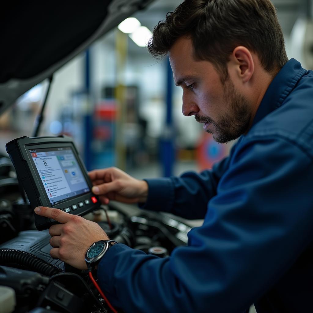 An auto service technician in Chicago using a high-tech diagnostic tool to assess a vehicle's problem