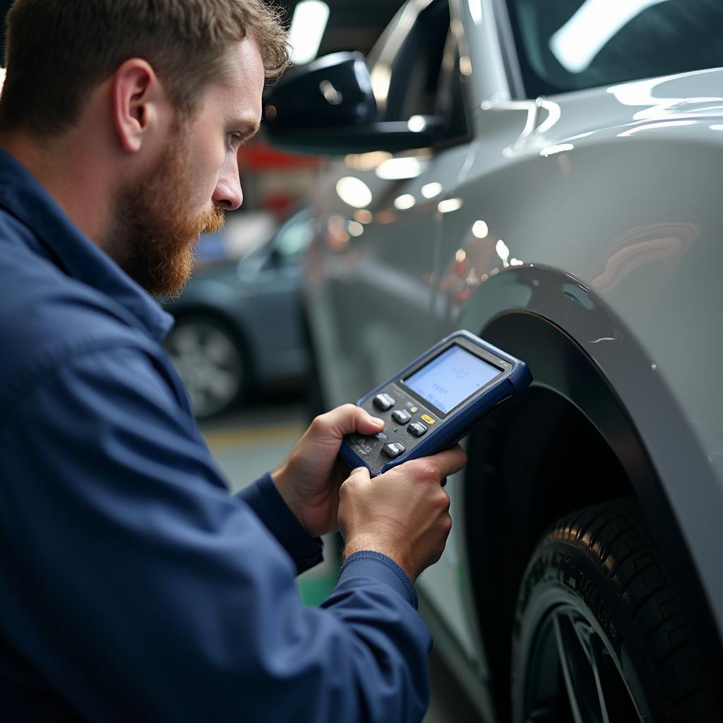 Skilled auto technician using a diagnostic tool in Marysville