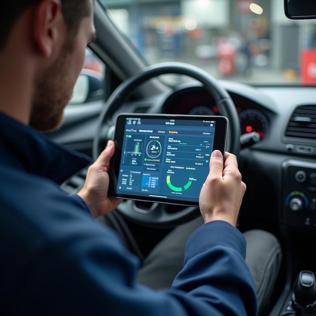 Auto Technician Using Tablet for Car Diagnostics