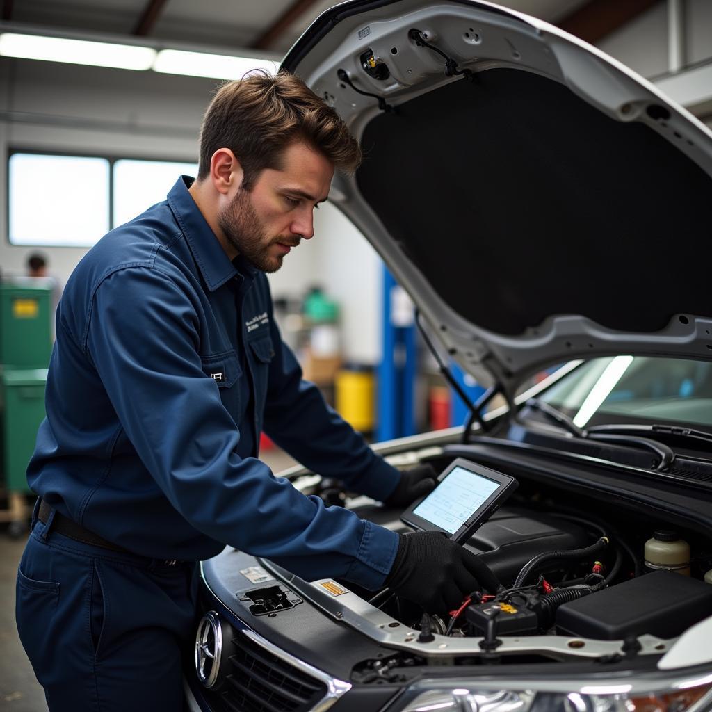 Auto service technician diagnosing a car problem in San Antonio