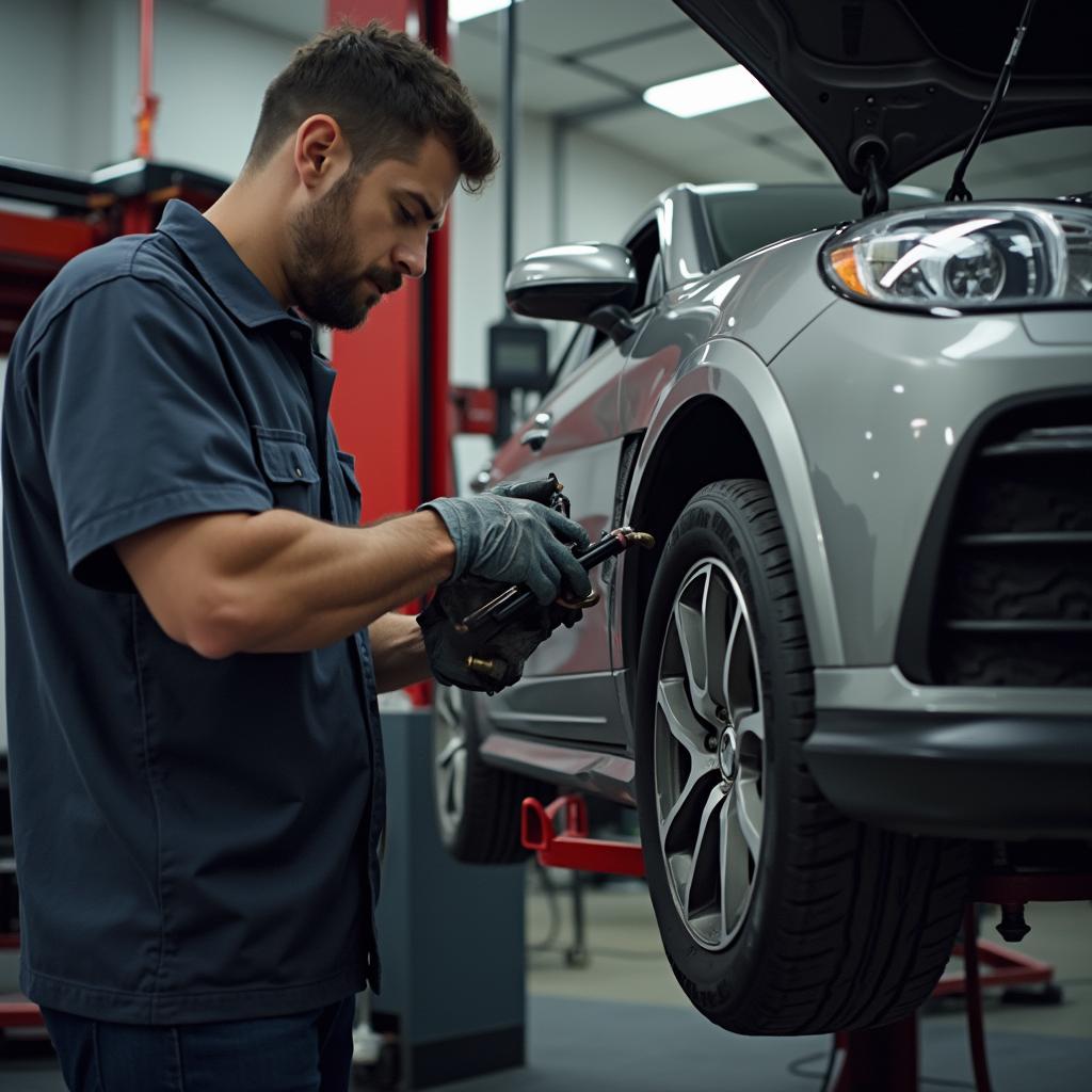 Mechanic inspecting a car transmission in Decatur