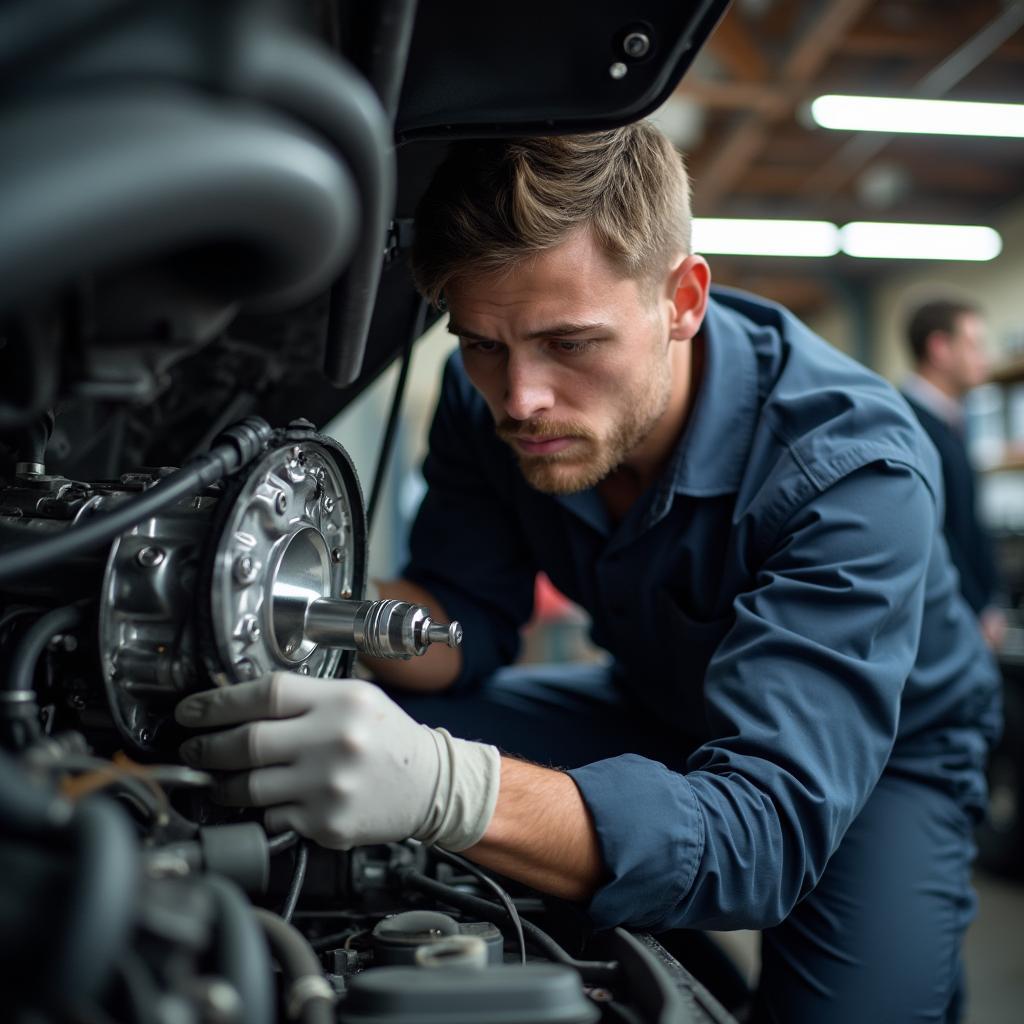 Mechanic inspecting a car transmission in a Decatur auto repair shop