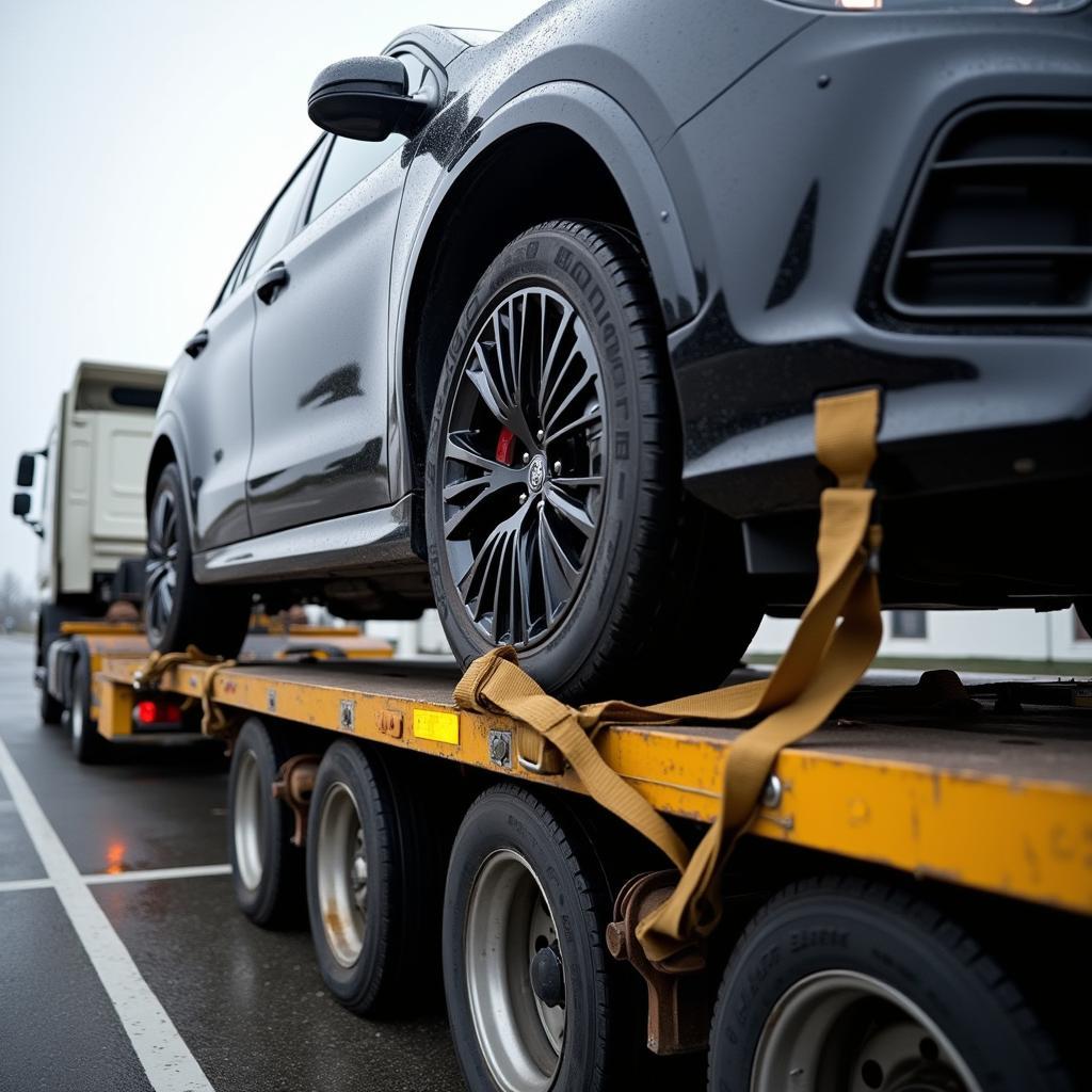 Car being loaded onto a truck for delivery