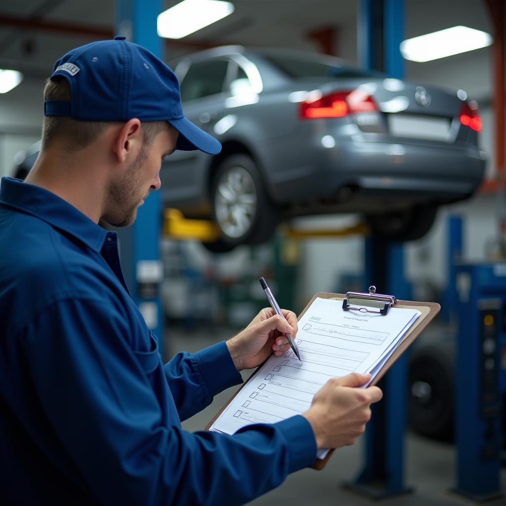 Mechanic reviewing an AYT auto service checklist