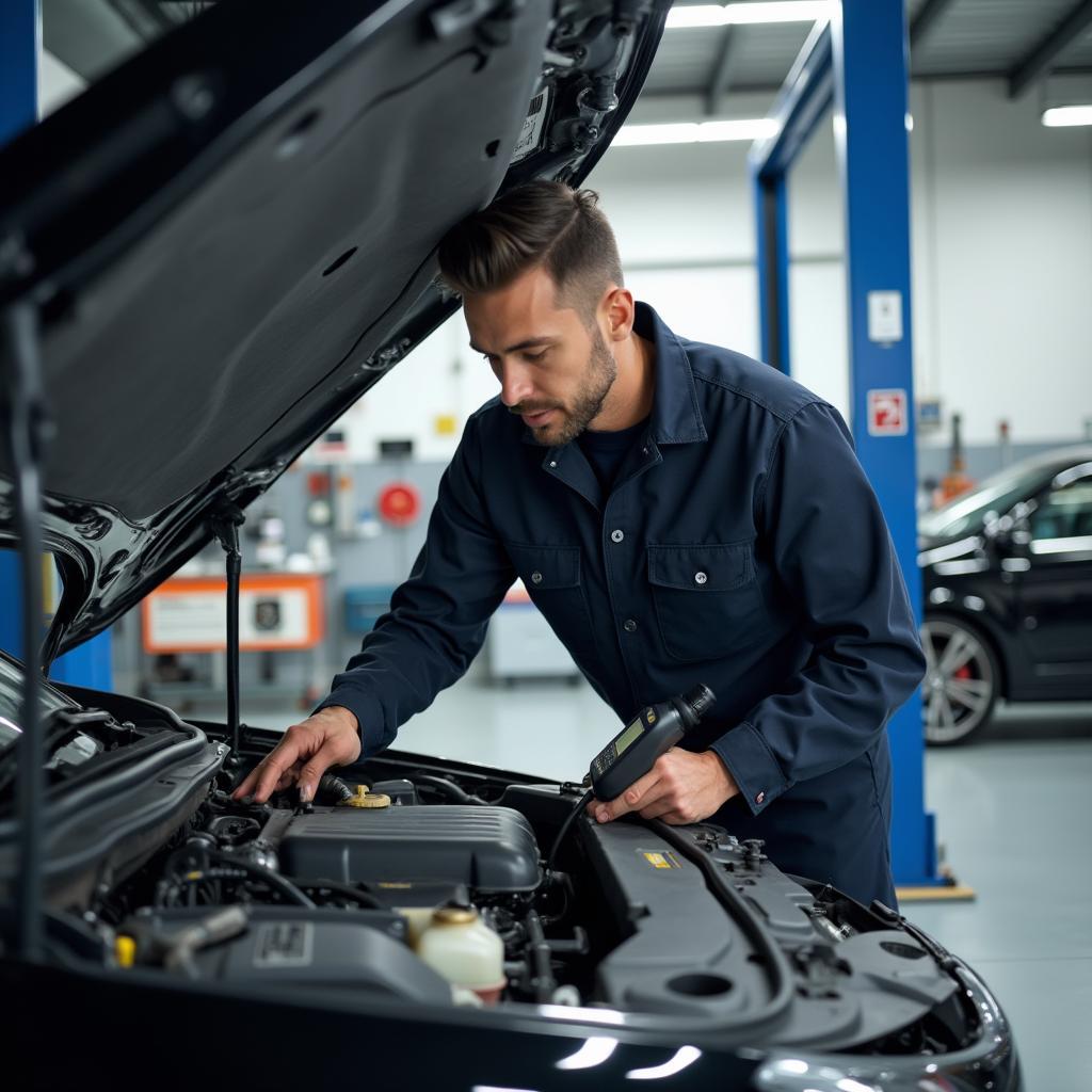 Mechanic inspecting a car engine in an AYT auto service shop