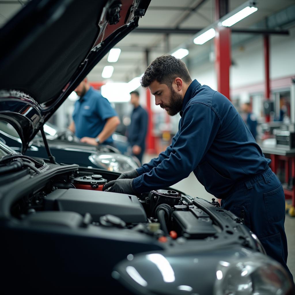 Mechanic working on a car in a Baltimore shop