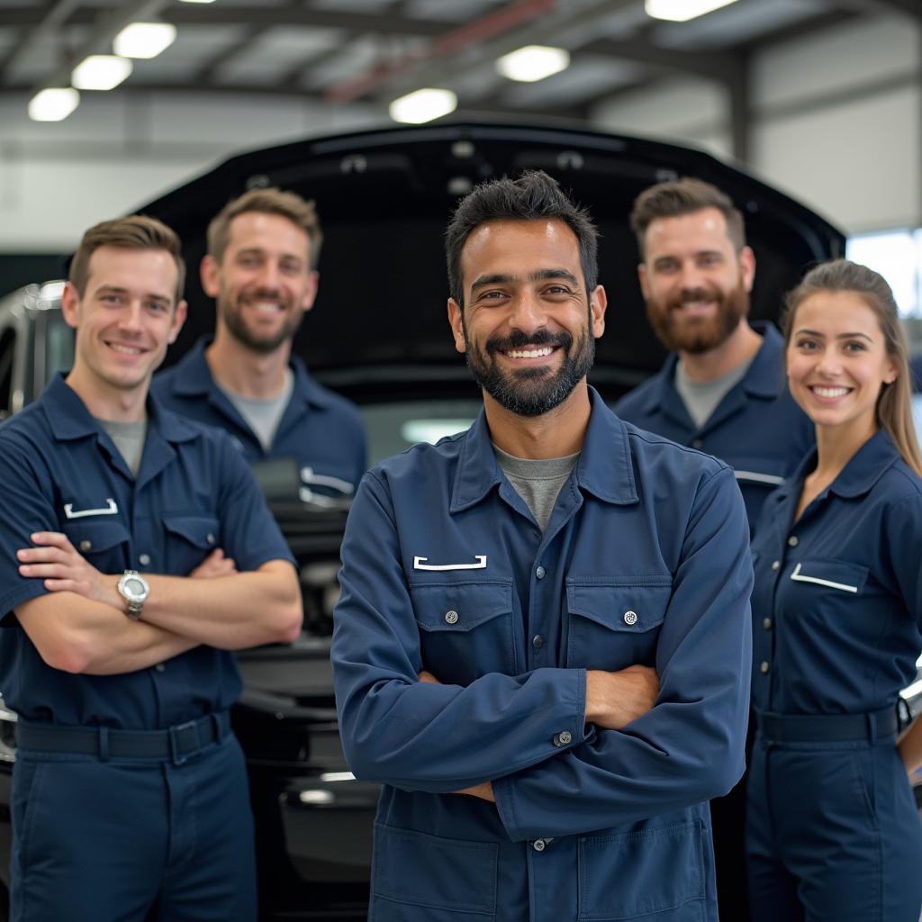 Team of mechanics smiling in front of a car