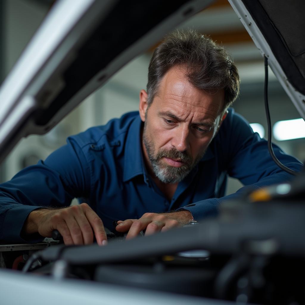 Skilled Mechanic Working Under Car Hood in Barto