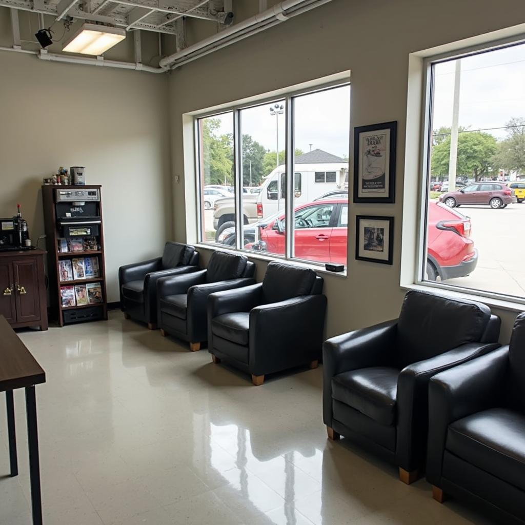 Customer waiting area in an auto repair shop in Bastrop open on a Saturday