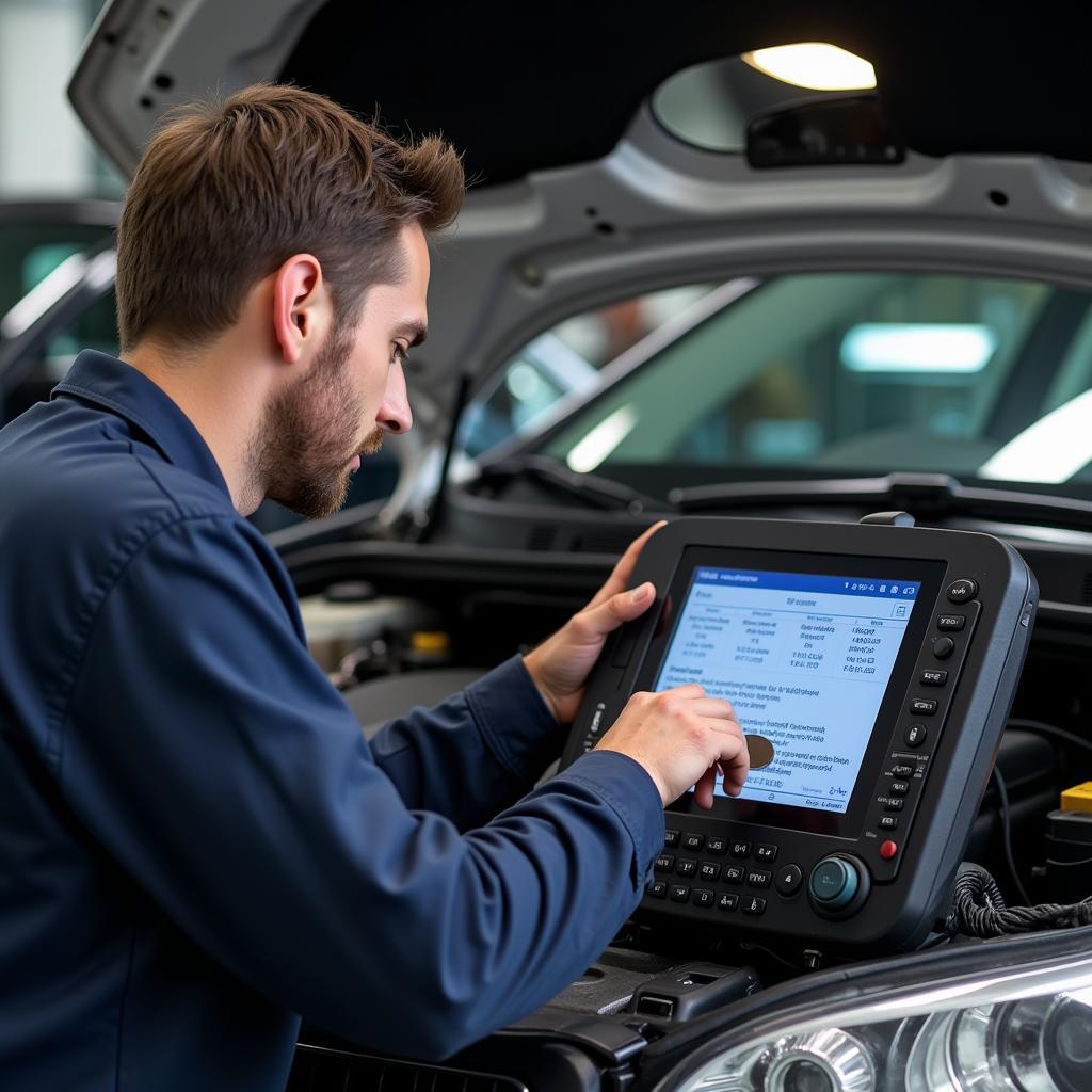 Mechanic using diagnostic equipment in Belleville auto shop