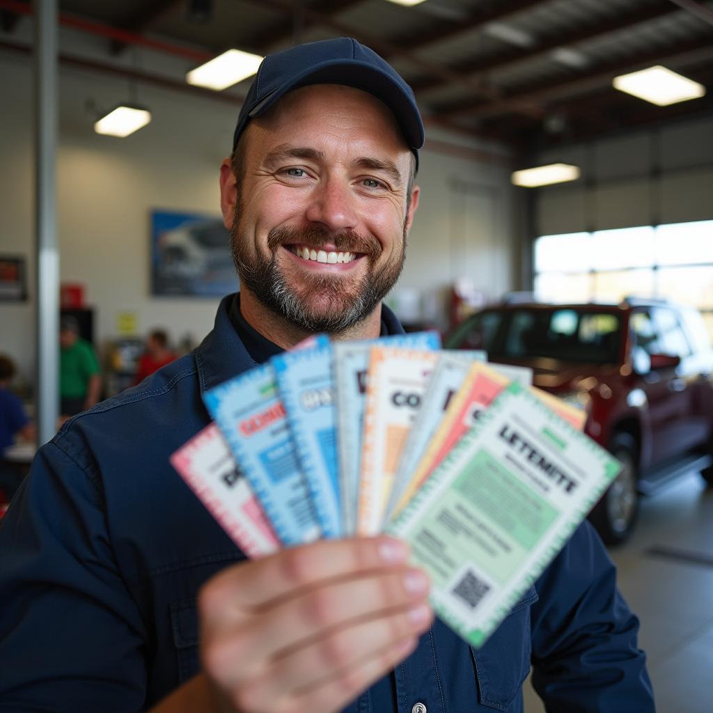 Mechanic holding a coupon booklet in a Bellevue auto shop