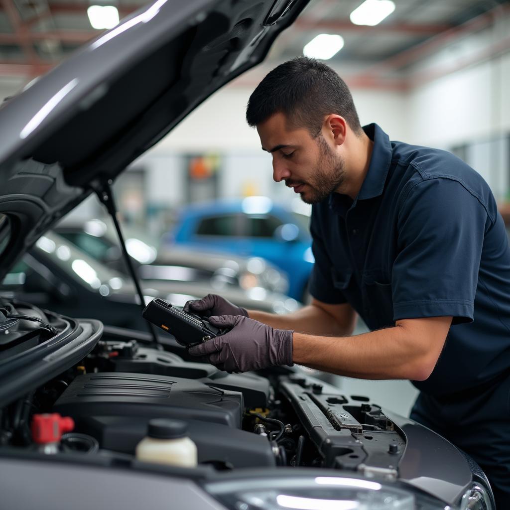 Mechanic inspecting the engine of a car in a Bellevue garage