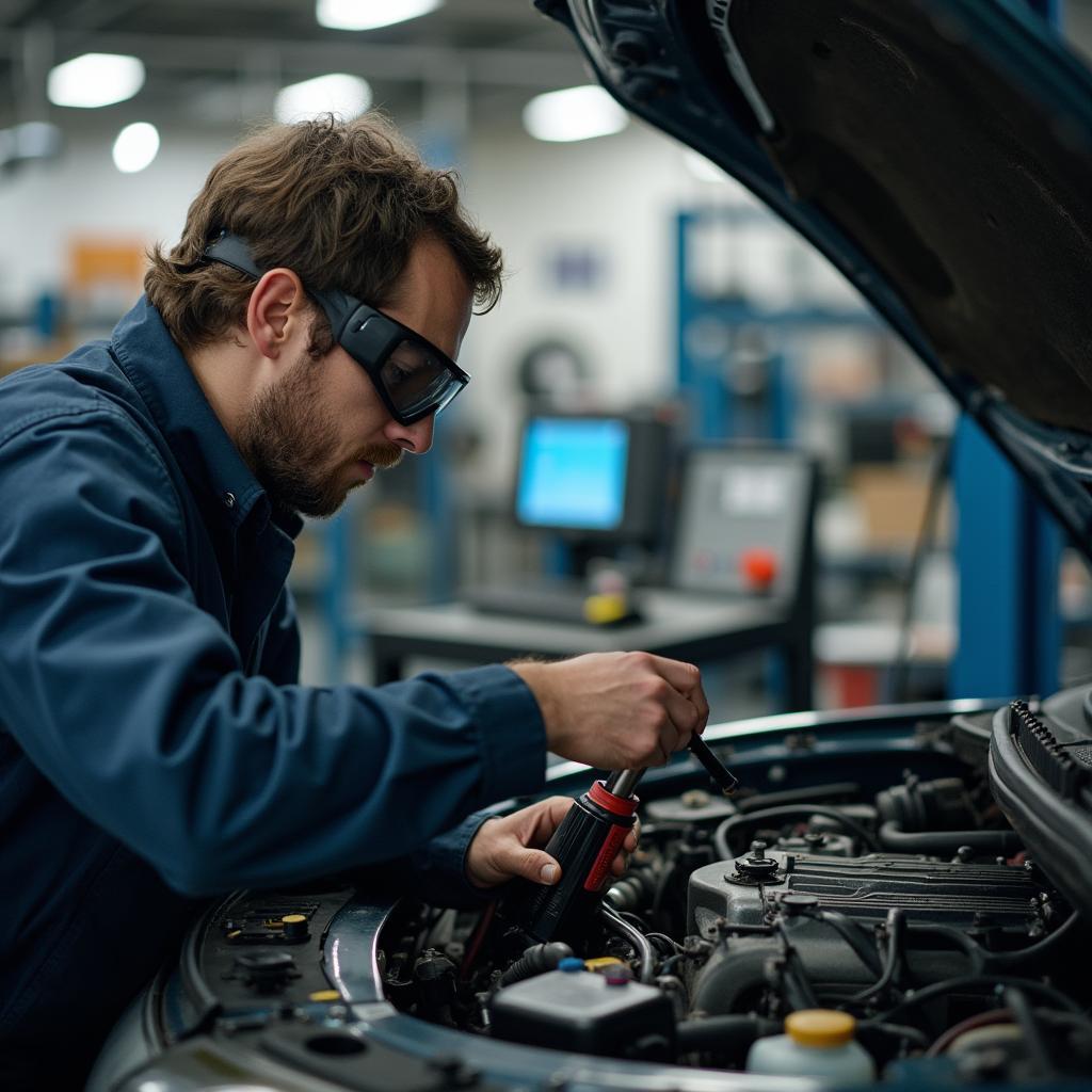 Experienced Mechanic Inspecting Car Engine in Beltsville