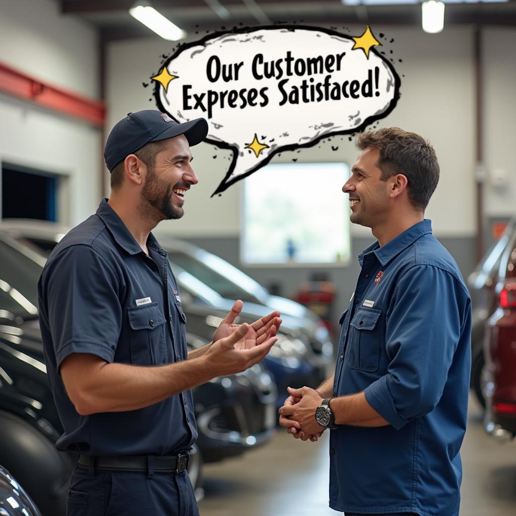 Customer talking to a mechanic about auto express service benefits.