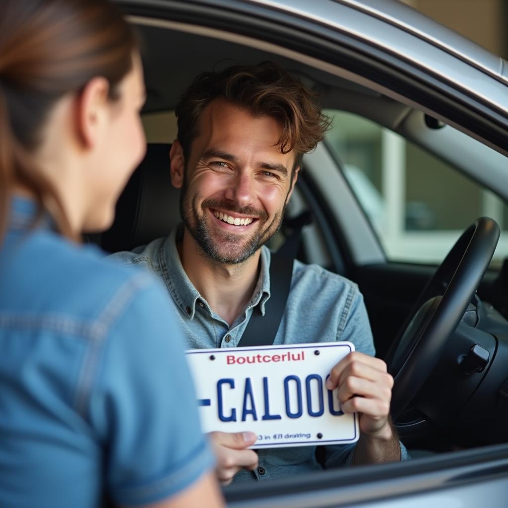 Happy car owner receiving their license plate