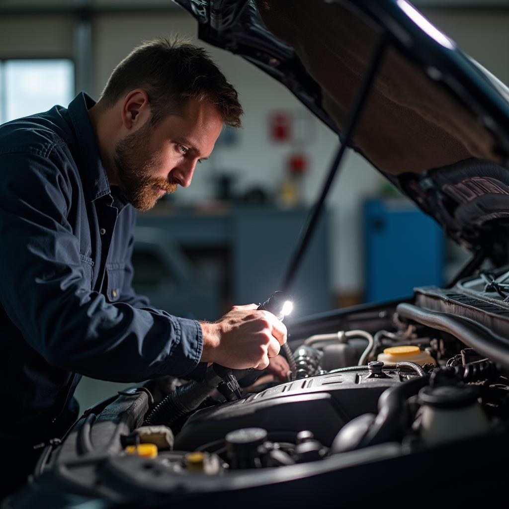 Bennington auto mechanic performing vehicle inspection