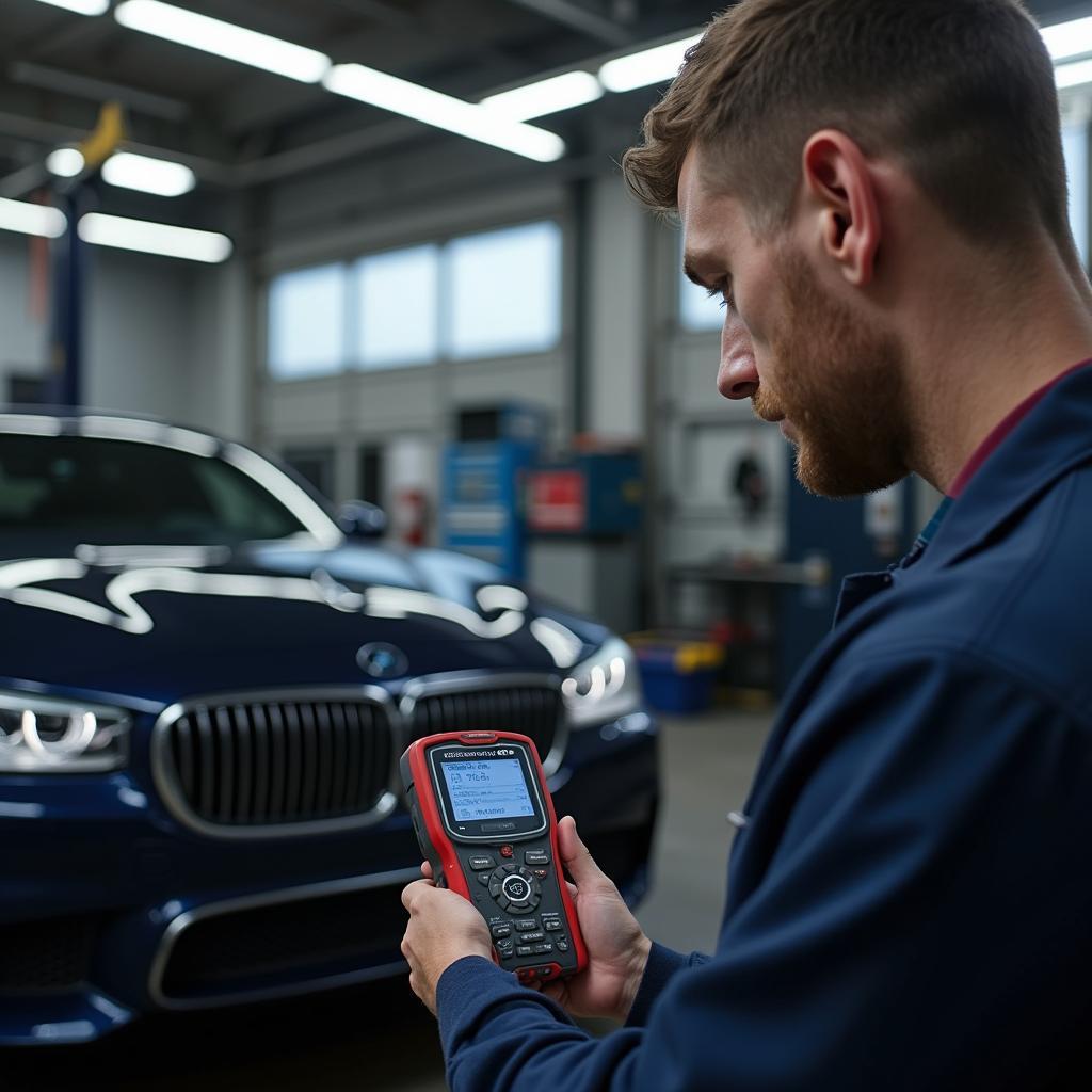 Experienced Technician Diagnosing a Car with Advanced Equipment