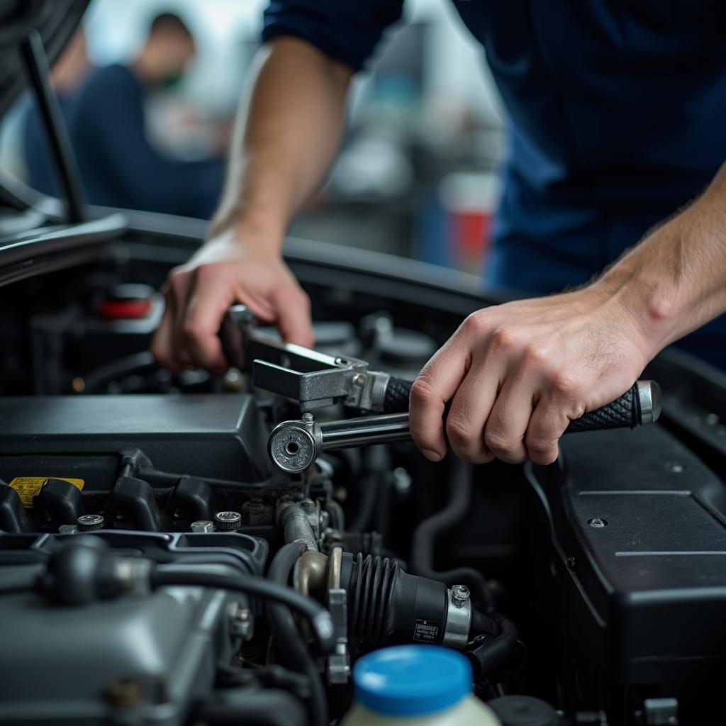 Mechanic inspecting a car engine in Santa Ana