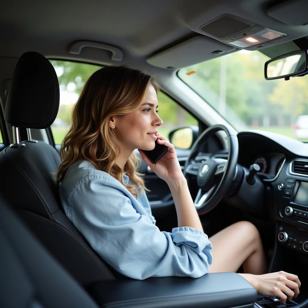 Woman on the phone with insurance agent after a car accident.