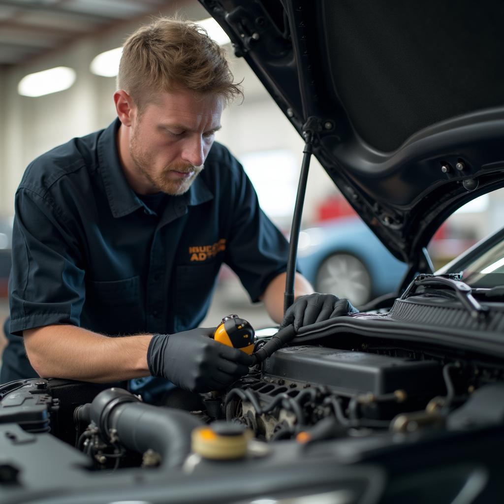 Mechanic inspecting a car engine in Clare MI