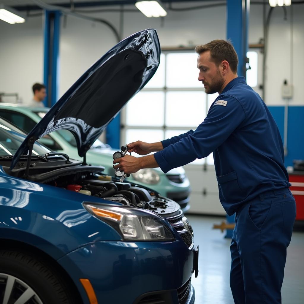 Mechanic inspecting a car in a modern auto service center in Levittown