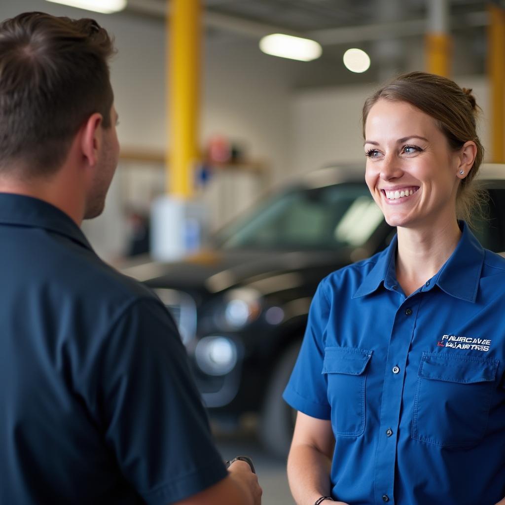 Friendly staff member interacting with a customer