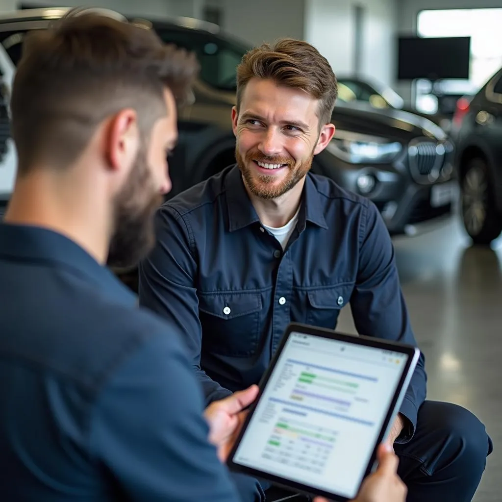 BMW auto service advisor discussing repair options with customer in Rochester, MI