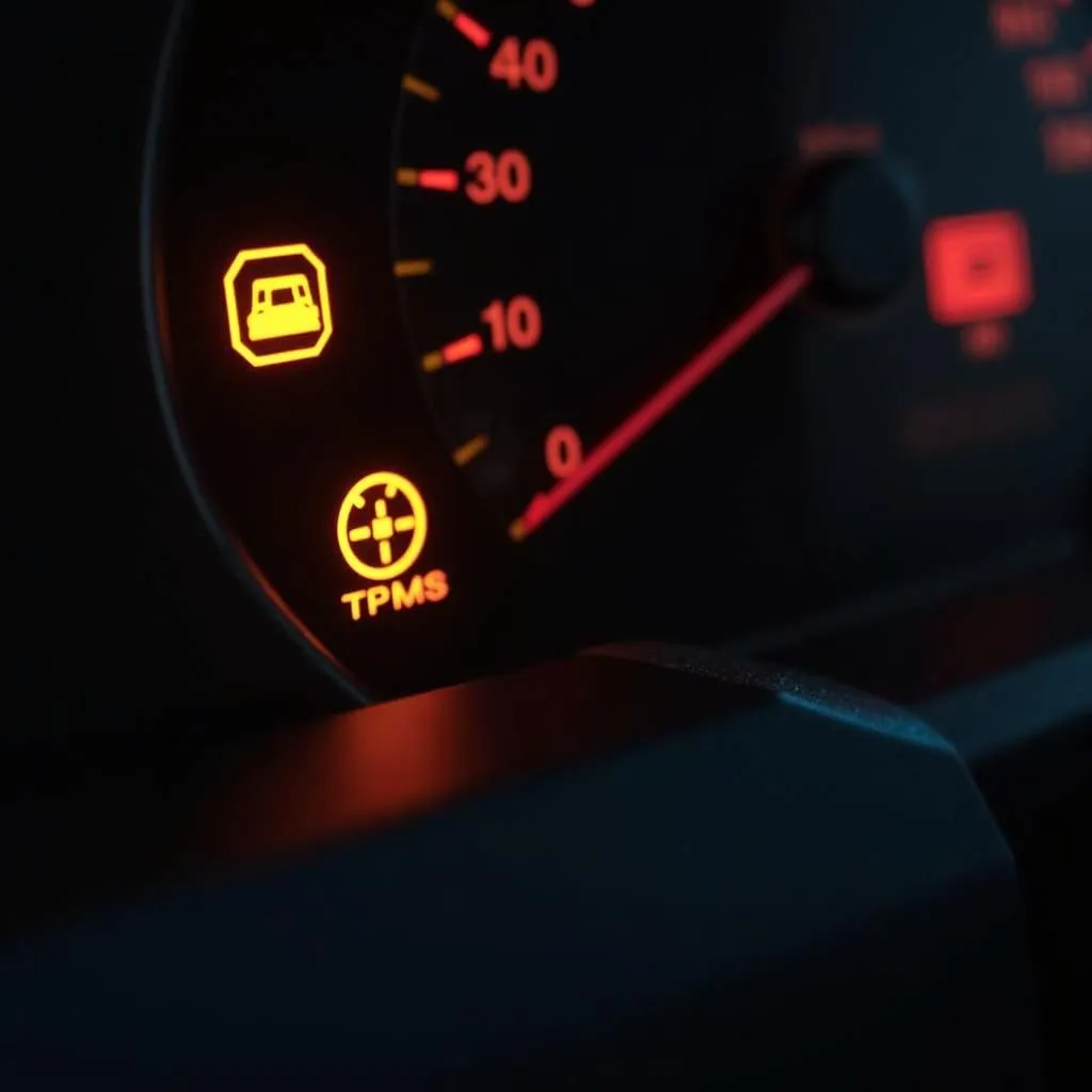 Close-up of warning lights illuminated on a BMW car dashboard