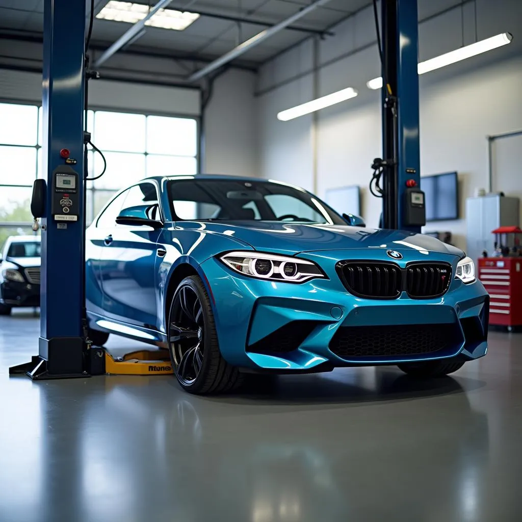 BMW car on a lift in a service shop