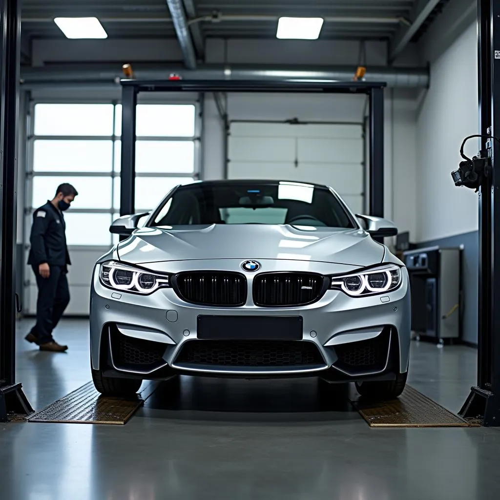 BMW on a Lift for Service