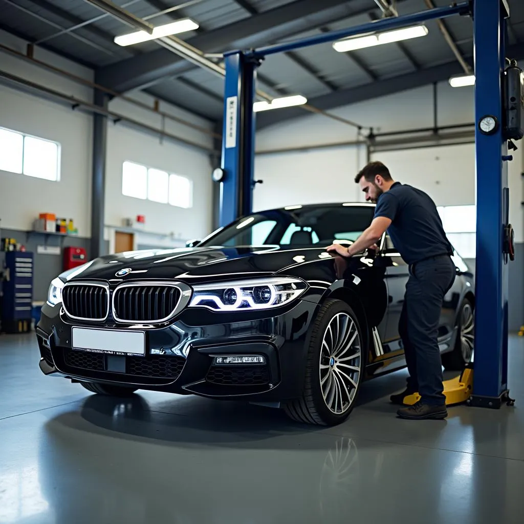  BMW Car on a Lift for Inspection