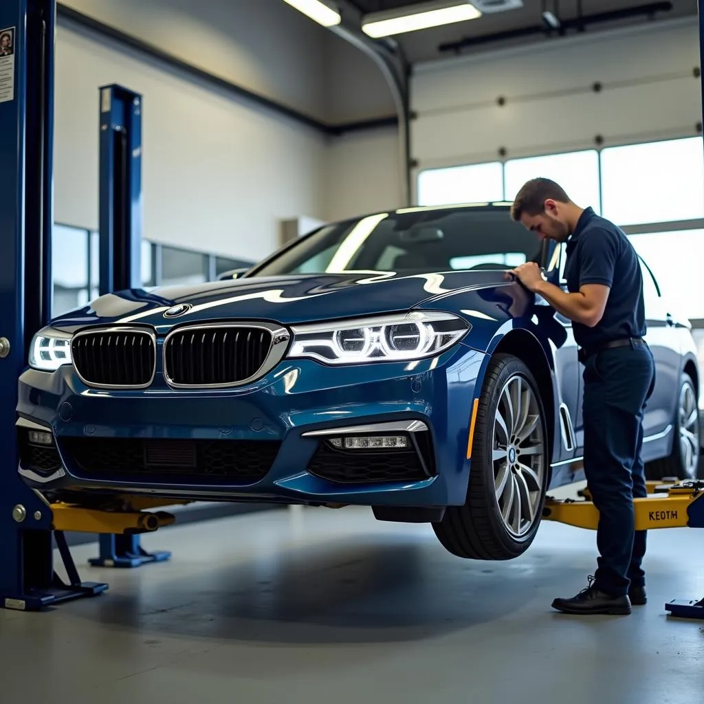 BMW car undergoing routine maintenance in Rochester, MI