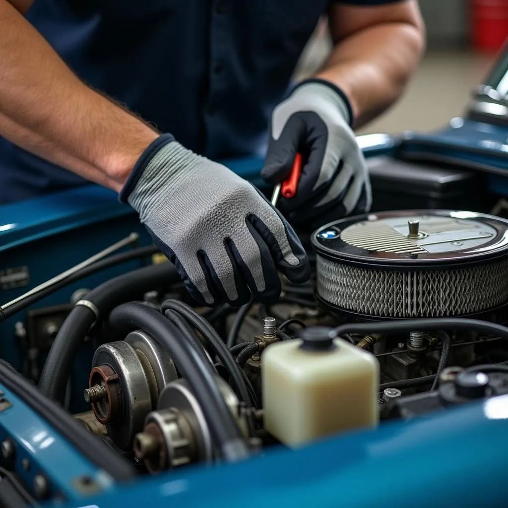 BMW Classic Mechanic Inspecting Engine