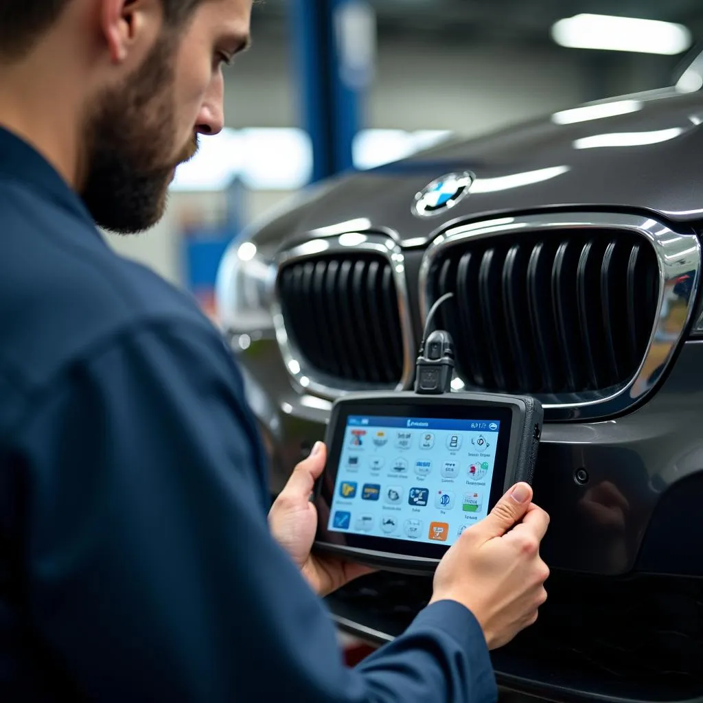 Mechanic Using Computer Diagnostics on BMW